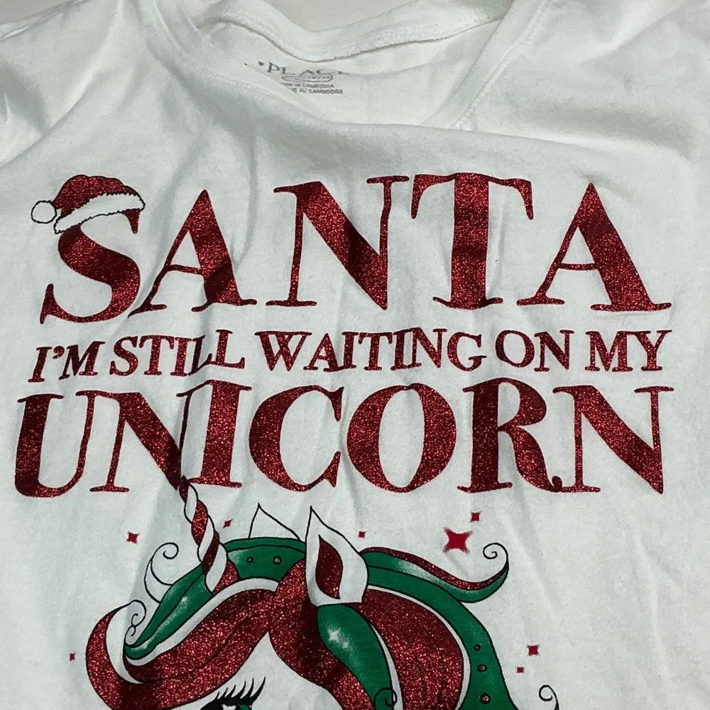The Children's Place White Graphic Tee Kids Size 10/12 Santa Unicorn Glitter
